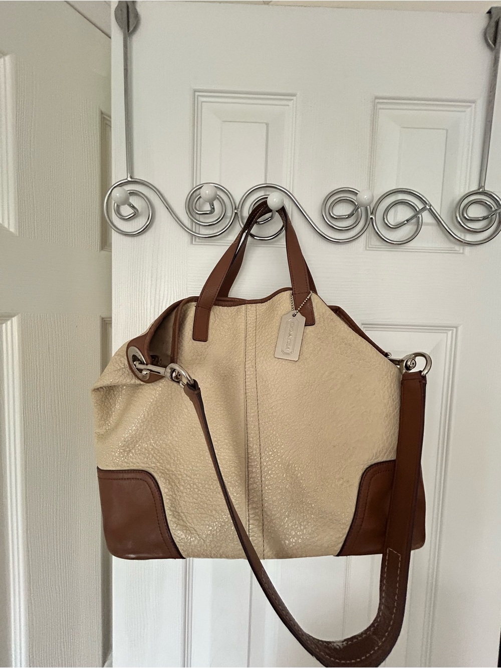 Coach Cream & Brown Leather-Trim Tote